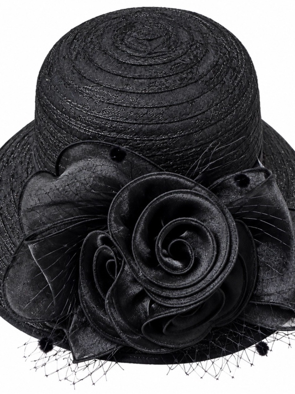 Elegant Black Floral Accent Women's Hat Church Kentucky Derby Organza Veil